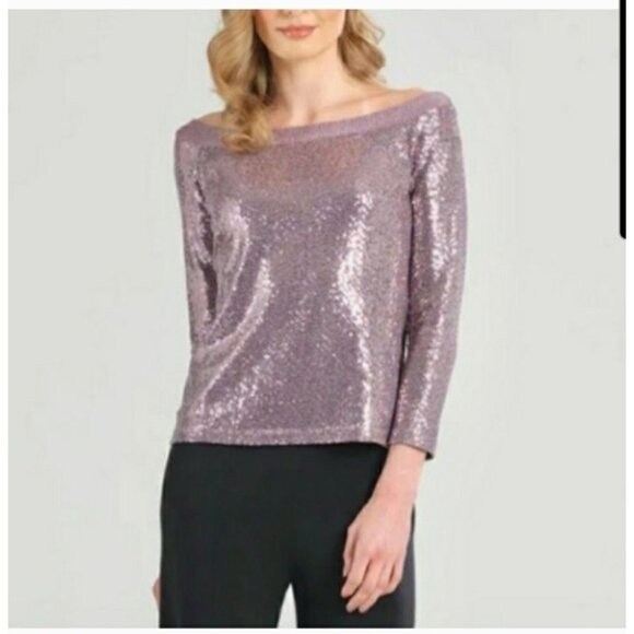 Clara SunWoo Top XL Rose Pink Shimmer Stretch Sequin Boat Neck Party Evening - Picture 1 of 10